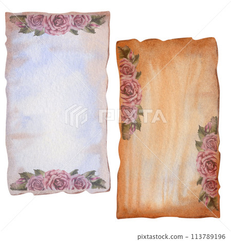 Two watercolor blank sheets of vintage parchment paper with a half erased image of antique Victorian roses for invitations, letters scrapbooking, antique shop labels, menus, backgrounds, book day card Two watercolor blank sheets of vintage parchment paper with a half erased image of antique Victorian roses for invitations, letters scrapbooking, antique shop labels, menus, backgrounds, book day card 113789196