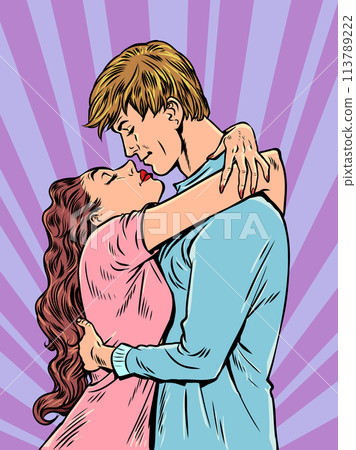 A woman and a man hug and almost kiss. Valentine's Day for couples. Announcing interesting offers for a date together. 113789222