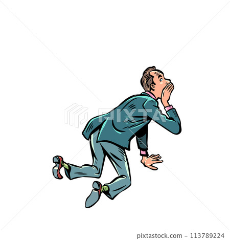 A man in a suit is squatting and whispering something. Transmit personal data and security issues in confidence. Interesting secret information is transmitted. 113789224
