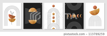 Boho zen arch posters with abstract linear geometric shapes and golden elements Boho zen arch posters with abstract linear geometric shapes and golden elements 113789259