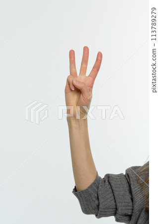 Female hand pointing up with finger number three. Female hand pointing up with finger number three. 113789279