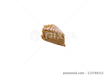 Piece of delicious sweet esterhazy cake with nuts and cream 113789312