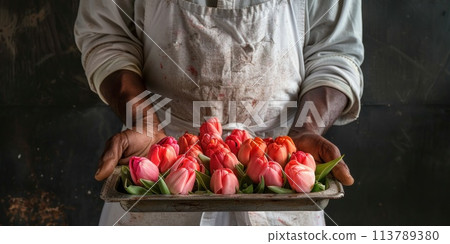 A man holding a tray filled with vibrant red and yellow tulips. A man holding a tray filled with vibrant red and yellow tulips. 113789380