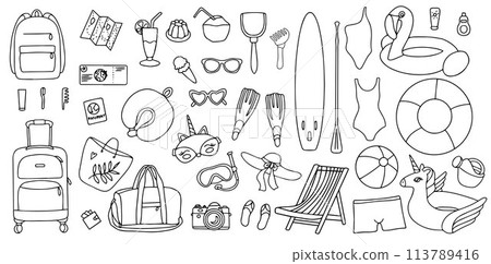 Hand drawn set of summer holiday elements, luggage, swimwear and beach accessories. Travel element drawn in doodle style. Illustration for banner, background, badge, logo design. Vector 113789416