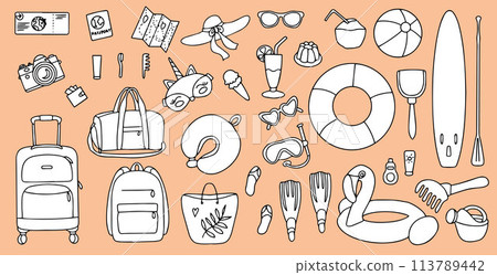 Hand drawn set of summer holiday elements, luggage, swimwear and beach accessories. Travel element drawn in doodle style. Illustration for banner, background, badge, logo design. Vector 113789442