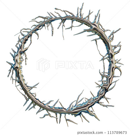 3D chrome thorn frame, render gothic metal circle border, y2k mercury futuristic fantasy wreath. 3D chrome thorn frame, render gothic metal circle border, y2k mercury futuristic fantasy wreath. 113789673