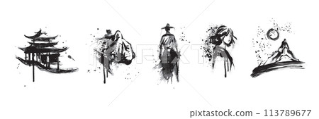 Japanese ink brush stain set, asian vector symbol collection, samurai, oriental tiger, pagoda circle Japanese ink brush stain set, asian vector symbol collection, samurai, oriental tiger, pagoda circle 113789677