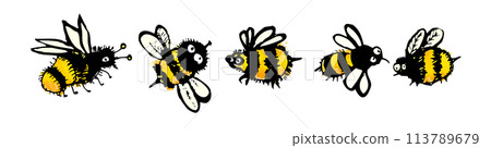 Set of cute funny bees. child drawing . hand drawing. Not AI. Vector illustration 113789679