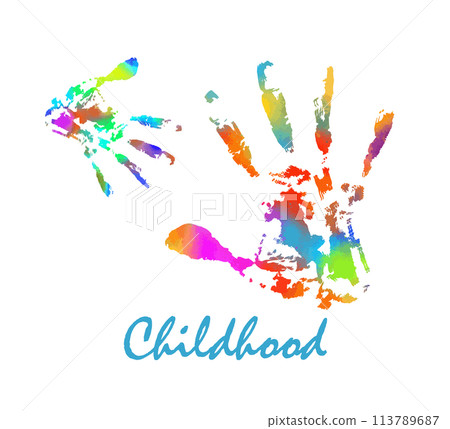 Multi-colored handprint. Rainbow hand. Child protection. Childhood care. Vector illustration Multi-colored handprint. Rainbow hand. Child protection. Childhood care. Vector illustration 113789687