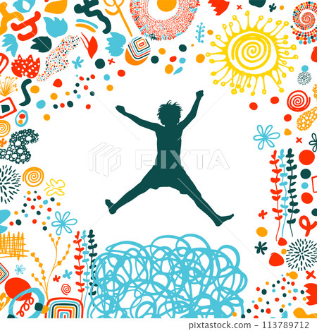 Silhouette of a happy boy jumping. Abstraction happy childhood. hand drawing. Not AI, Vector illustration Silhouette of a happy boy jumping. Abstraction happy childhood. hand drawing. Not AI, Vector illustration 113789712