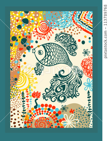 Bright color goldfish poster. Hand drawing. Not AI. Vector illustration Bright color goldfish poster. Hand drawing. Not AI. Vector illustration 113789768