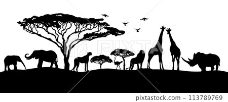 African landscape silhouettes of animals. hand drawing. Not AI, Vector illustration 113789769