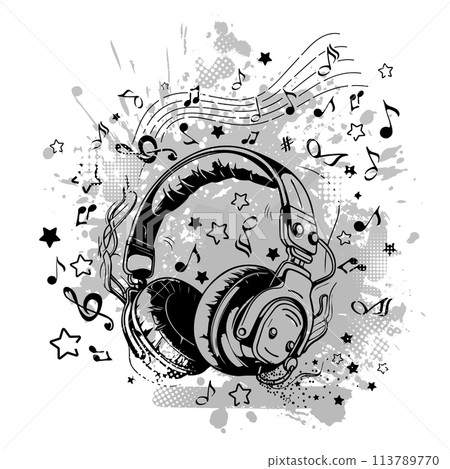 Music design. Abstraction music. Headphones and notes. T-shirt printing. hand drawing. Not AI. Vector illustration 113789770