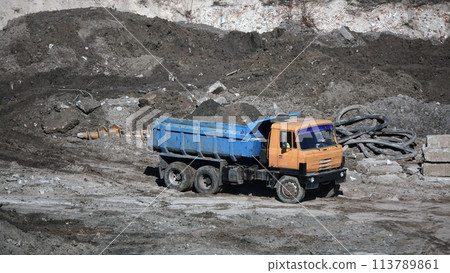 Kiev, Ukraine March 13, 2019: Tractors and excavators work on the construction of the foundation zero cycle Kiev, Ukraine March 13, 2019: Tractors and excavators work on the construction of the foundation zero cycle 113789861