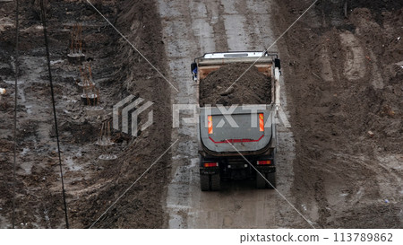 Kiev, Ukraine March 13, 2019:  Tractors and excavators work on the construction of the foundation zero cycle 113789862