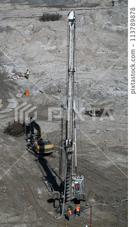 Kiev, Ukraine March 13, 2019: Construction of the zero cycle, the foundation for the entertainment complex 113789878