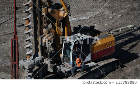 Kiev, Ukraine March 13, 2019: Construction of the zero cycle, the foundation for the entertainment complex 113789880