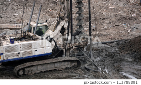 Kiev, Ukraine March 13, 2019: Construction of the zero cycle, the foundation for the entertainment complex 113789891