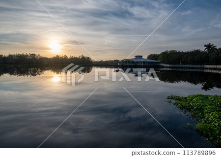 Boardwalk and sunrise cloudscape over wetlands of Green Cay Nature Center. 113789896