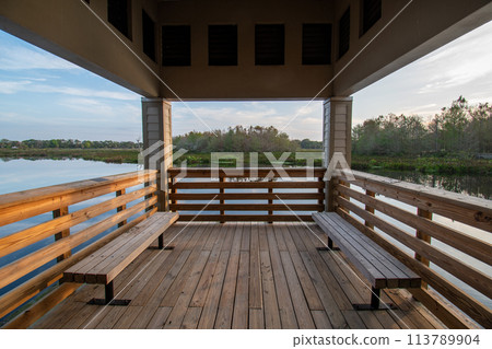 Boardwalk and visitor center at Green Cay Wetlands in Boynton Beach, Florida. 113789904
