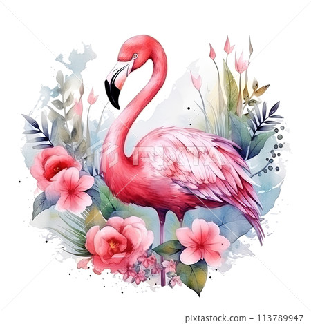 Pink Flamingo With Flowers and Leaves on White Background Pink Flamingo With Flowers and Leaves on White Background 113789947