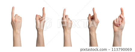 Female hand gestures, palm pointing up, side, front, back. Woman s fingers holding, touching, 113790069