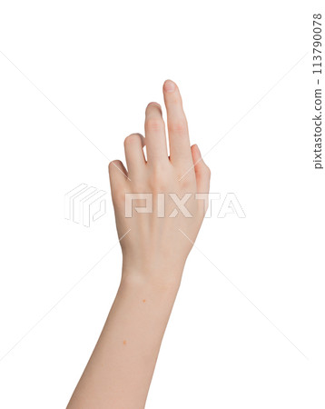 Front view of female hand gesture. Showing, signaling something abstract. Communication symbol with 113790078