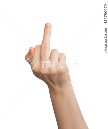 Fuck off, showing middle finger gesture, isolated on white background. Rude, offensive sign, obscene Fuck off, showing middle finger gesture, isolated on white background. Rude, offensive sign, obscene 113790079