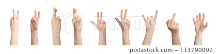 Hand gesture collection. Female showing different signs with fingers, palms, arms. Victory, luck, 113790092