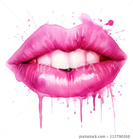 Hand drawn watercolor painting of pink lips on pink splash Hand drawn watercolor painting of pink lips on pink splash 113790268