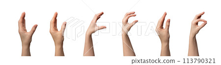 Hand gestures collection. Caucasian woman showing different signs with fingers, palms, arms. Hand gestures collection. Caucasian woman showing different signs with fingers, palms, arms. 113790321