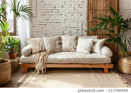 Minimalist Living Room Design With Sleek Wooden Couch and Lush Plants in Sunlit Space Minimalist Living Room Design With Sleek Wooden Couch and Lush Plants in Sunlit Space 113790440