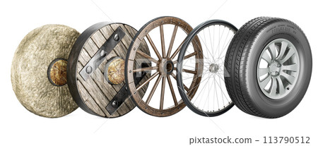 Wheels evolution from primitive stone ring, ancient wooden to modern car tire with disk. History of transport wheels. 3D rendering 113790512
