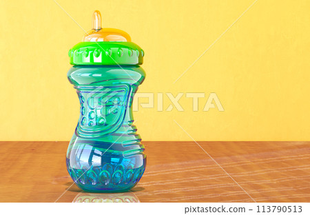 Sippy Cup for Babies and Toddlers on the wooden table. 3D rendering 113790513
