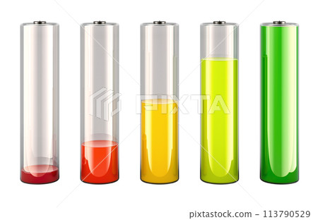 Discharged and fully charged battery. Battery charge from high to low. 3D rendering Discharged and fully charged battery. Battery charge from high to low. 3D rendering 113790529
