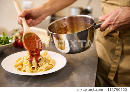 Close up of professional chef plating up pasta before serving it to the customer. 113790560