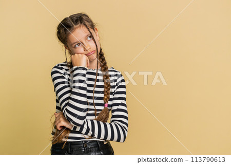 Child girl tired bored expression exhausted of tedious story not interested in communication talk Child girl tired bored expression exhausted of tedious story not interested in communication talk 113790613