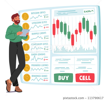 Cryptocurrency Trader Character Uses Trading App For Buying, Selling, And Managing Digital Assets, Vector Illustration 113790617