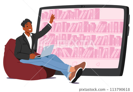 Male Character Sitting at Huge Table Pc Screen Using Online Library Services For Convenient Access to Digital Books 113790618