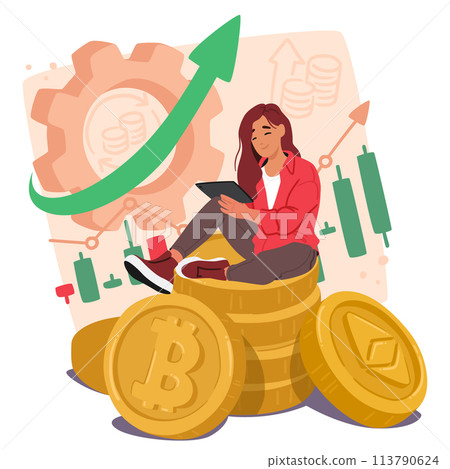 Female Trader Sitting on Huge Cryptocurrency Pile of Coins with Tablet Pc, Engages In Buying And Selling Assets 113790624