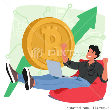 Happy Trader Male Character Rejoice As Bitcoin Cryptocurrency Surges, Spreading Happiness And Excitement 113790626