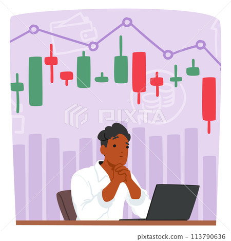 Despondent Cryptocurrency Trader Male Character Slumps Over His Laptop, Eyes Fixed On Falling Numbers And Points 113790636