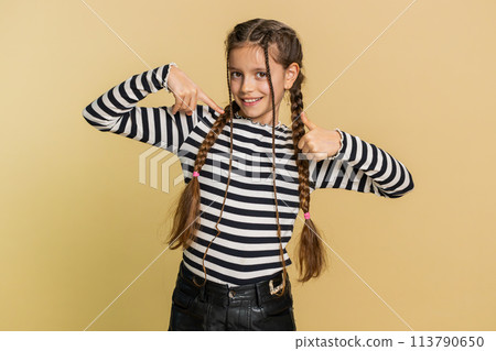 Child girl feeling very proud pointing herself overjoyed by success, making choice, self-confident 113790650