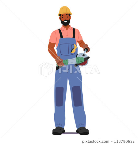 Construction Worker Stands Poised, With Grinder Tool In Hands, Focused And Ready For The Task Ahead, Vector Illustration 113790652