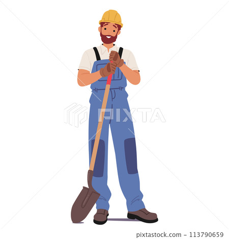 Character Construction Worker Stands With Shovel In Hand, Ready For Task Ahead, Embodying Strength And Determination 113790659