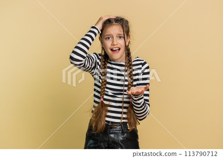 Preteen child girl kid loses becoming surprised by game fail, bad fortune, loss , unlucky news 113790712