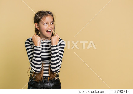 Preteen child girl kid loses becoming surprised by game fail, bad fortune, loss , unlucky news 113790714