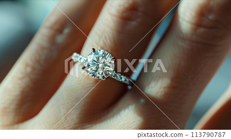 Close-up of a diamond ring on a woman's ring finger. 113790787