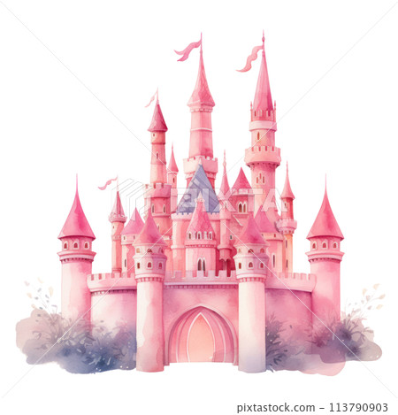 Delicate watercolor of a pink fairy tale castle, isolated on white. Delicate watercolor of a pink fairy tale castle, isolated on white. 113790903