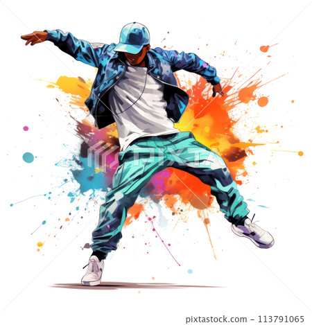 watercolor break dancing man with colorful spots and splashes on white background 113791065